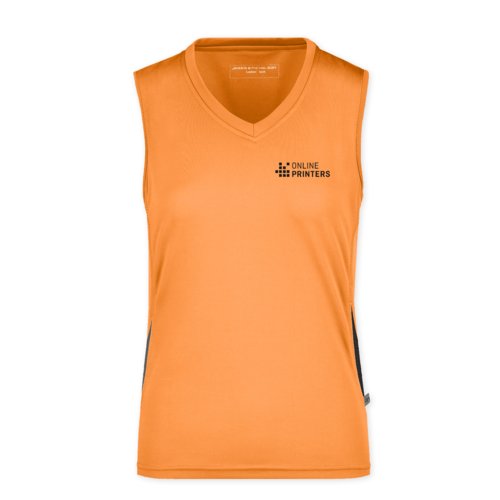 Orange polyester women's tank top with V-neck.