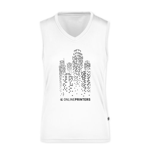 White polyester women's tank top with V-neck.