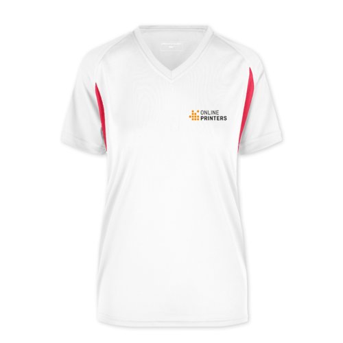 White and red polyester women's functional shirt with V-neck.