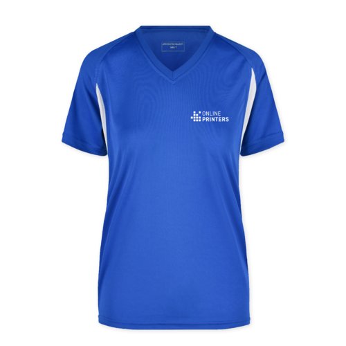 Blue polyester women's functional shirt with V-neck.