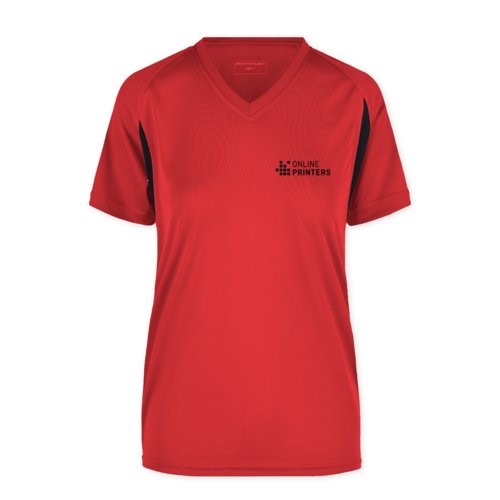 Red polyester women's functional shirt with V-neck and short sleeves.