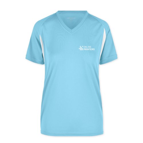 Light blue polyester functional shirt with v-neck and short sleeves.