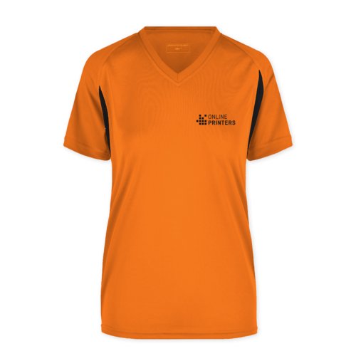 Orange polyester women's functional shirt with V-neck and short sleeves.