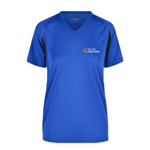 Royal blue polyester women's functional shirt with V-neck.