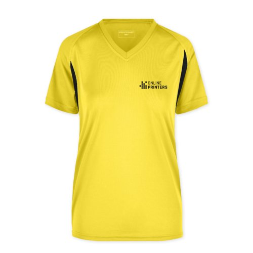 Yellow polyester functional shirt with V-neck and short sleeves.