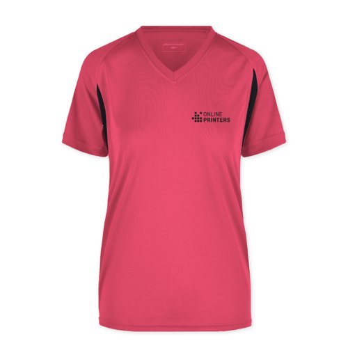 Pink polyester women's functional shirt with V-neck.