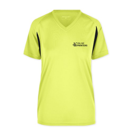 Neon yellow polyester women's functional shirt with V-neck.
