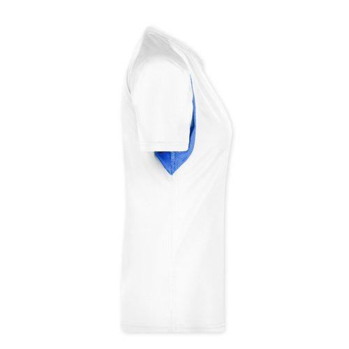 White/blue polyester women's short-sleeved functional shirt.