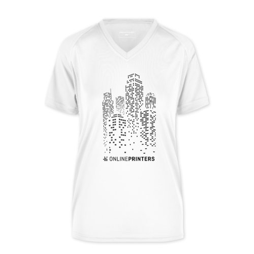 White polyester women's functional shirt with V-neck.