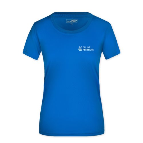 Royal blue women's polyester T-shirt with short sleeves.