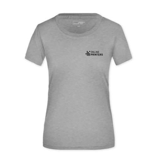 Heather gray polyester women's t-shirt with short sleeves.