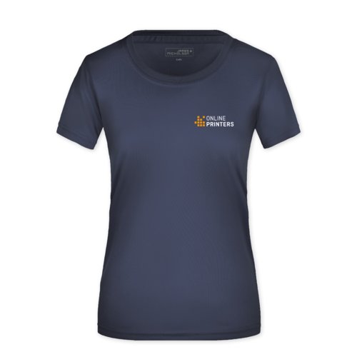 Dark blue polyester T-shirt for women.