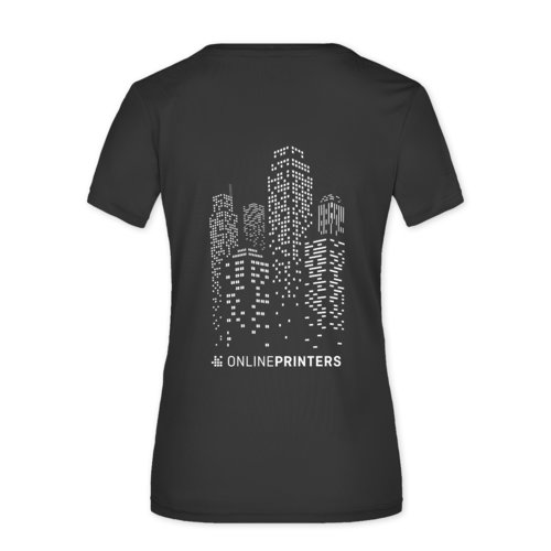 Black polyester women's T-shirt with short sleeves.