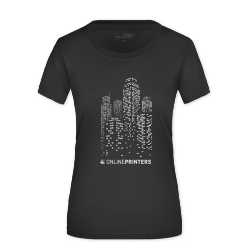 Black polyester women's T-shirt with short sleeves.