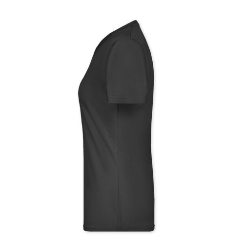 Black polyester t-shirt for women with short sleeves.