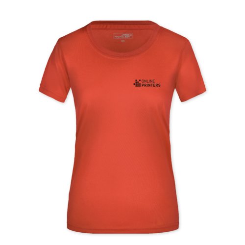 Red polyester women's T-shirt.