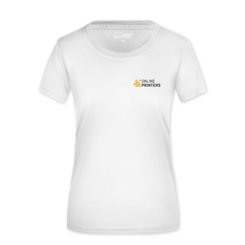 White polyester women's t-shirt with short sleeves.
