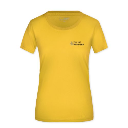 Yellow polyester T-shirt for women with short sleeves.