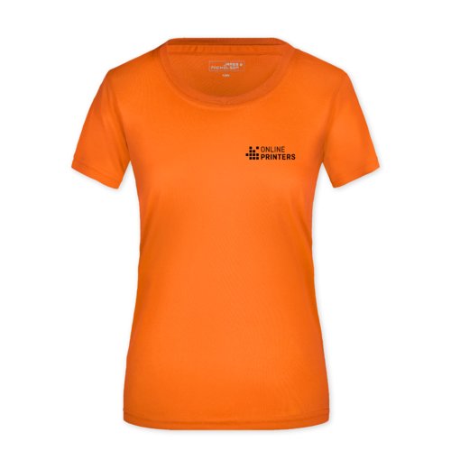 Orange polyester women's T-shirt with short sleeves.