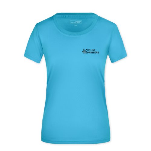 Turquoise polyester T-shirt for women, breathable.