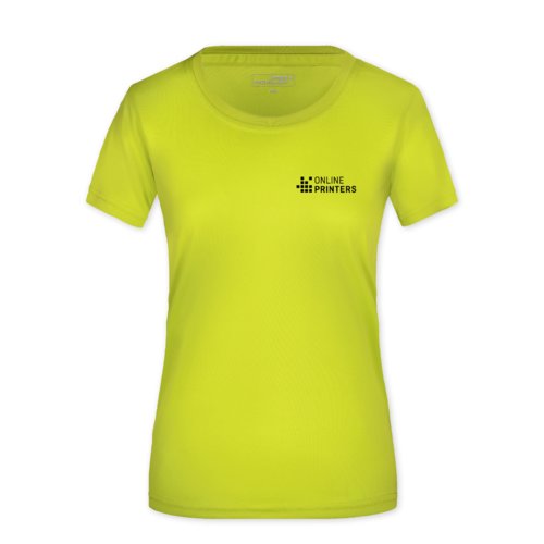 Neon yellow polyester T-shirt for women with short sleeves.