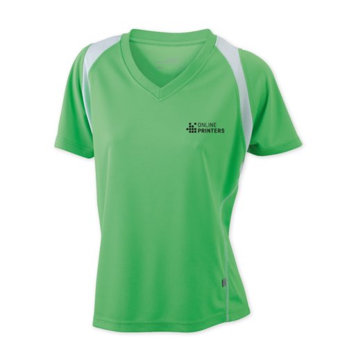 Women's sporty running shirt with V-neck and short sleeves.