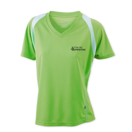 Women's sporty running shirt with V-neck and short sleeves.