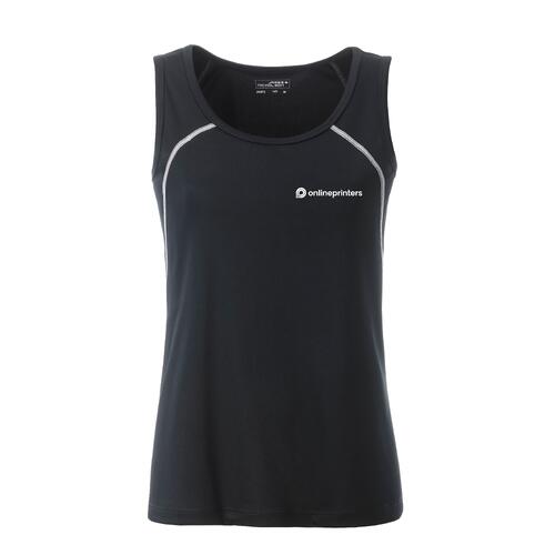 Women's sports tank top made from breathable material with a racerback design.