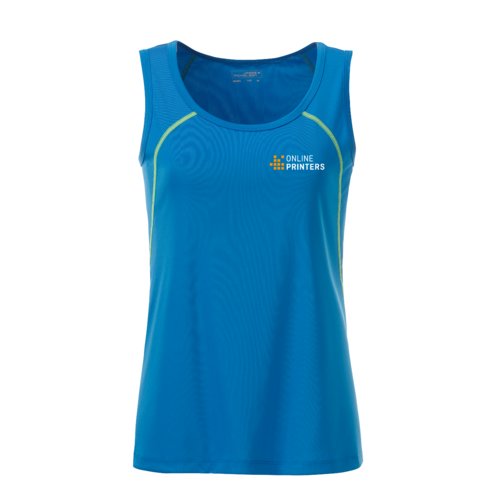 Blue and neon yellow polyester sports tank top for women.