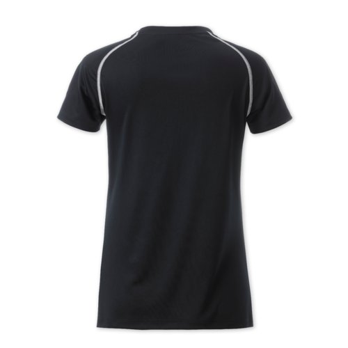 Black and white polyester T-shirt for women with short sleeves.