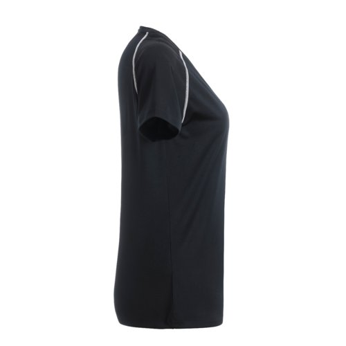 Black and white polyester women's T-shirt with short sleeves.