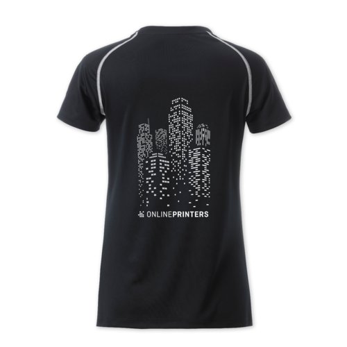Black and white polyester women's sports T-shirt.