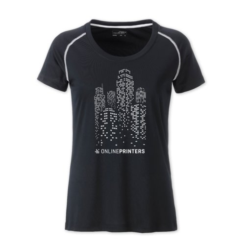 Black and white polyester T-shirt for women, breathable.
