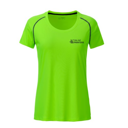 Neon green women's polyester t-shirt with short sleeves.