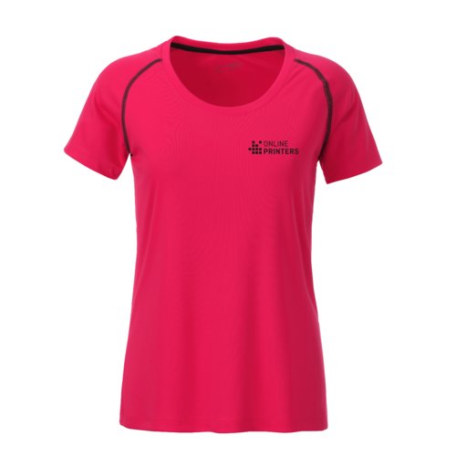 Neon pink/gray polyester T-shirt for women with short sleeves.