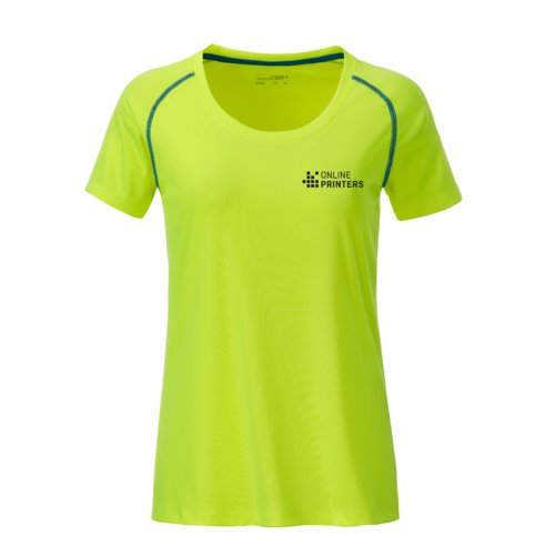 Neon Yellow/Blue Polyester Women's T-Shirt with short sleeves.