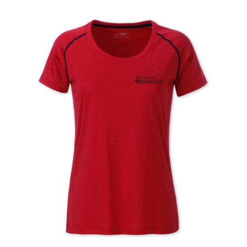 Red polyester women's t-shirt with short sleeves.