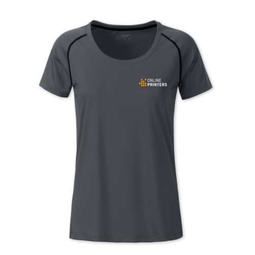 Dark gray polyester T-shirt for women with short sleeves.