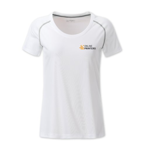White polyester T-shirt for women with short sleeves.