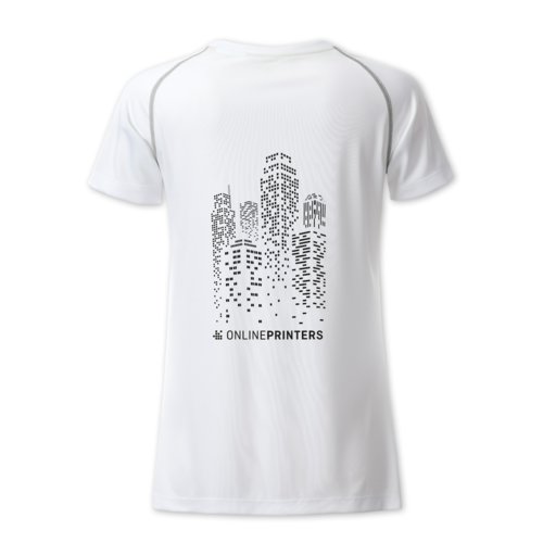 White polyester women's T-shirt with short sleeves.