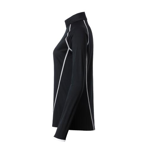 Black polyester women's long-sleeved shirt with a sporty cut.