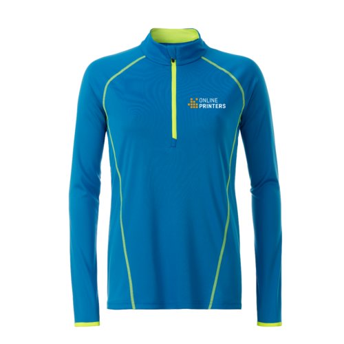 Blue and neon yellow polyester long-sleeve shirt with a short zipper.