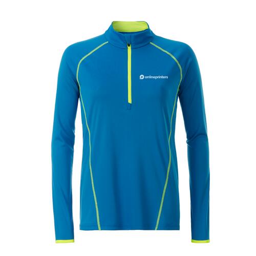 Blue and neon yellow polyester long-sleeve shirt with a short zipper.