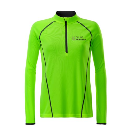 Neon green polyester long-sleeved shirt with zipper for women.