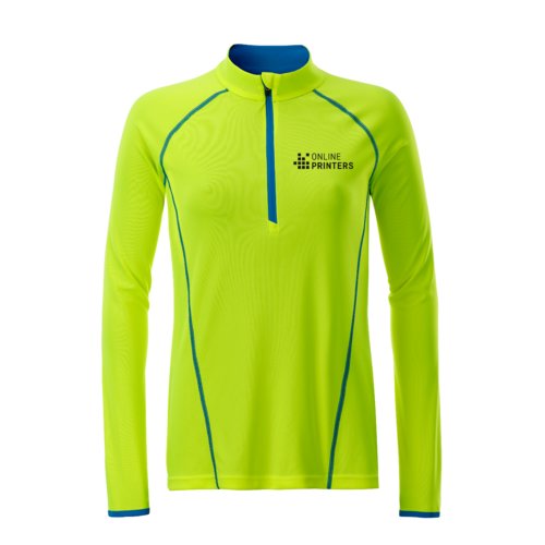 Neon yellow polyester long sleeve shirt for women with zipper.