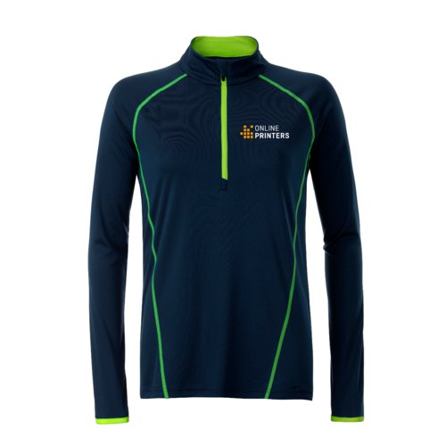 Navy polyester long sleeve shirt with zipper.