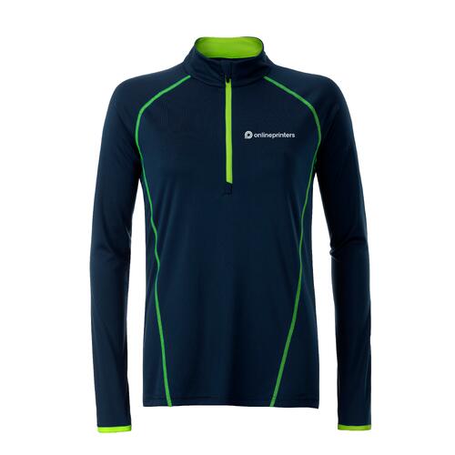 Navy polyester long sleeve shirt with zipper.