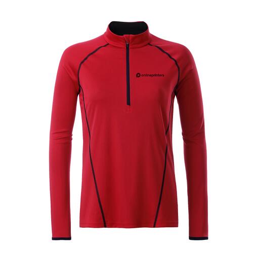 Red polyester long-sleeved shirt with short zipper for women.
