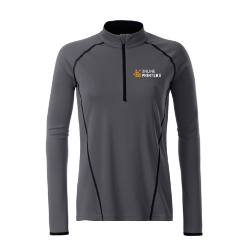 Dark gray polyester long sleeve shirt with a short zipper.