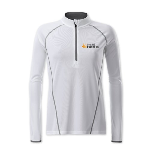 White polyester long-sleeved shirt with zipper for women.